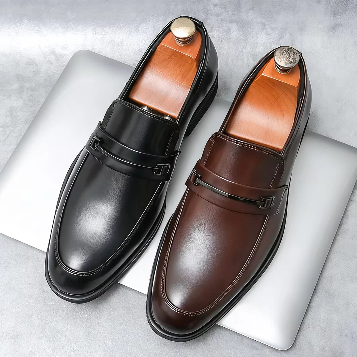 Men'S Formal Leather Shoes Classic Style Slip on Loafers round Toe Breathable Non-Slip Business Dress Wedding Office Casual Shos