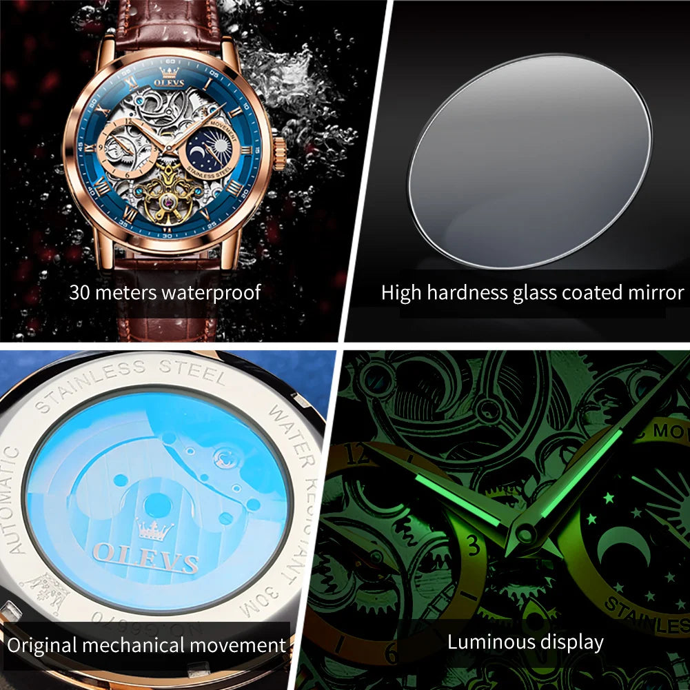 Mens Watches Automatic Mechanical Watch Tourbillon Sport Clock Leather Casual Business Retro Wristwatch Relojes Hombre