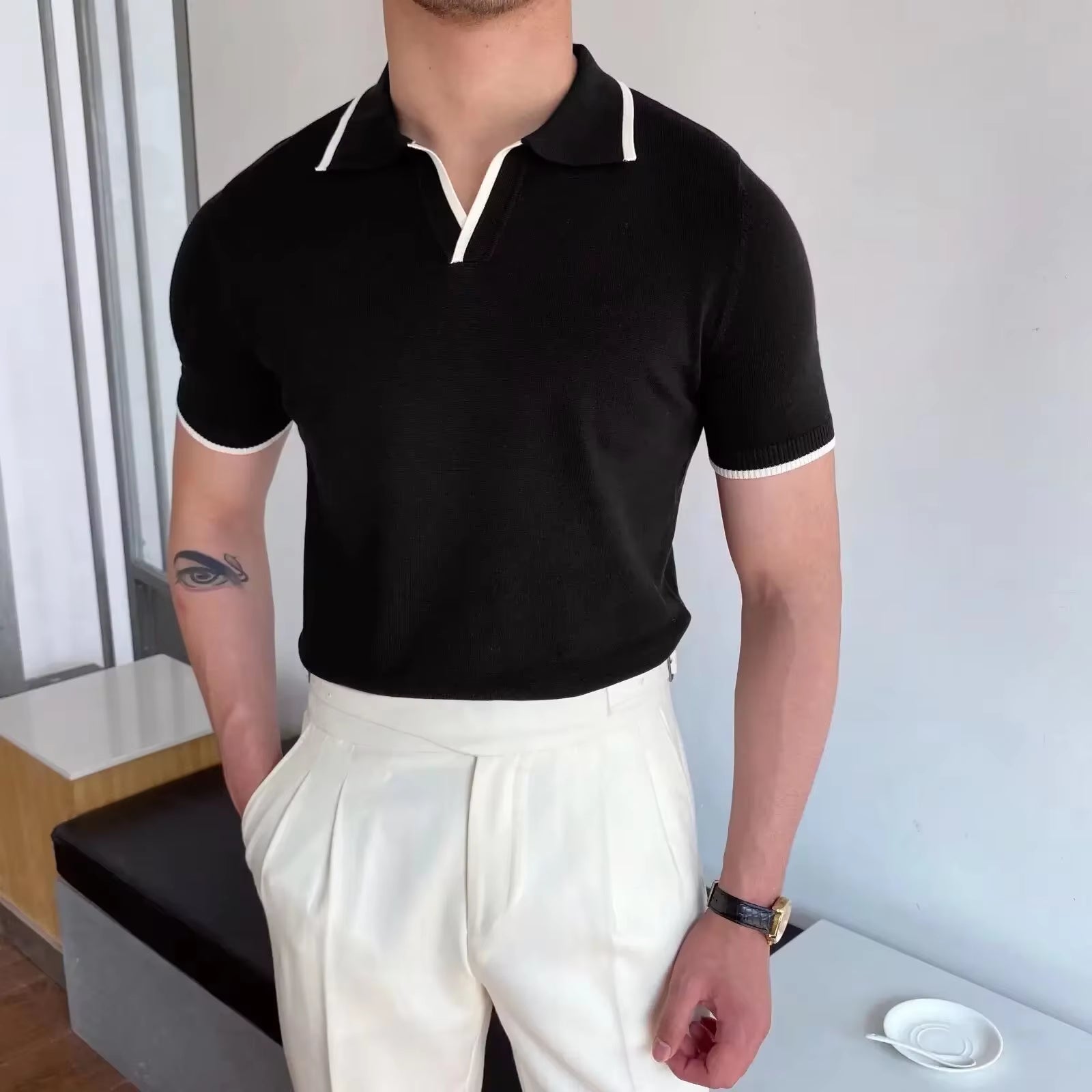 Summer Men'S Knit Short Sleeve Polo Shirt Korean Style Slim Fit Solid Color Ice Silk Casual T-Shirt Base Layer Top